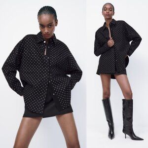 NWT Zara Button Up Shirt Black Denim Oversized Fit Rhinestone Appliques Allover